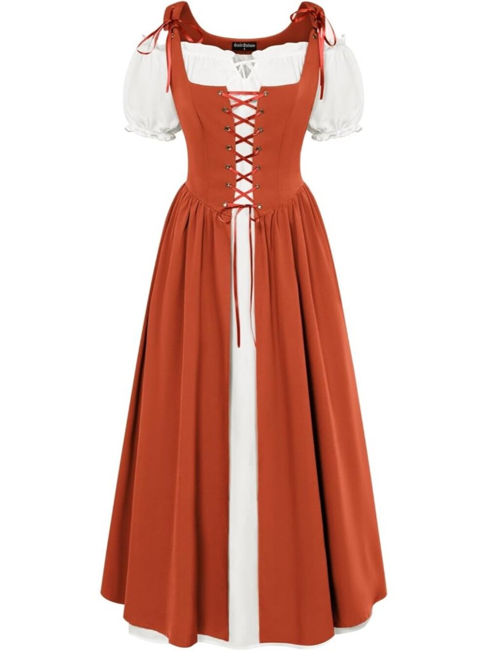 Women's Orange Short Sleeve Peasant Medieval Pockets Maxi Costume Dress